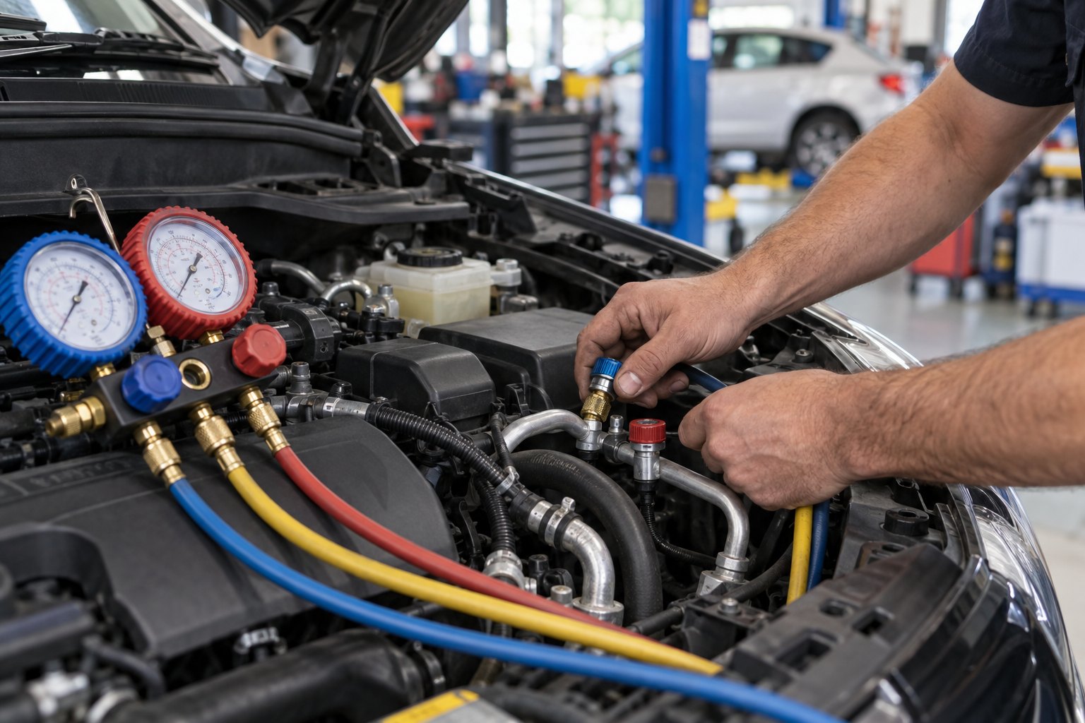 Mechanic checking car air conditioning service connections in a workshop