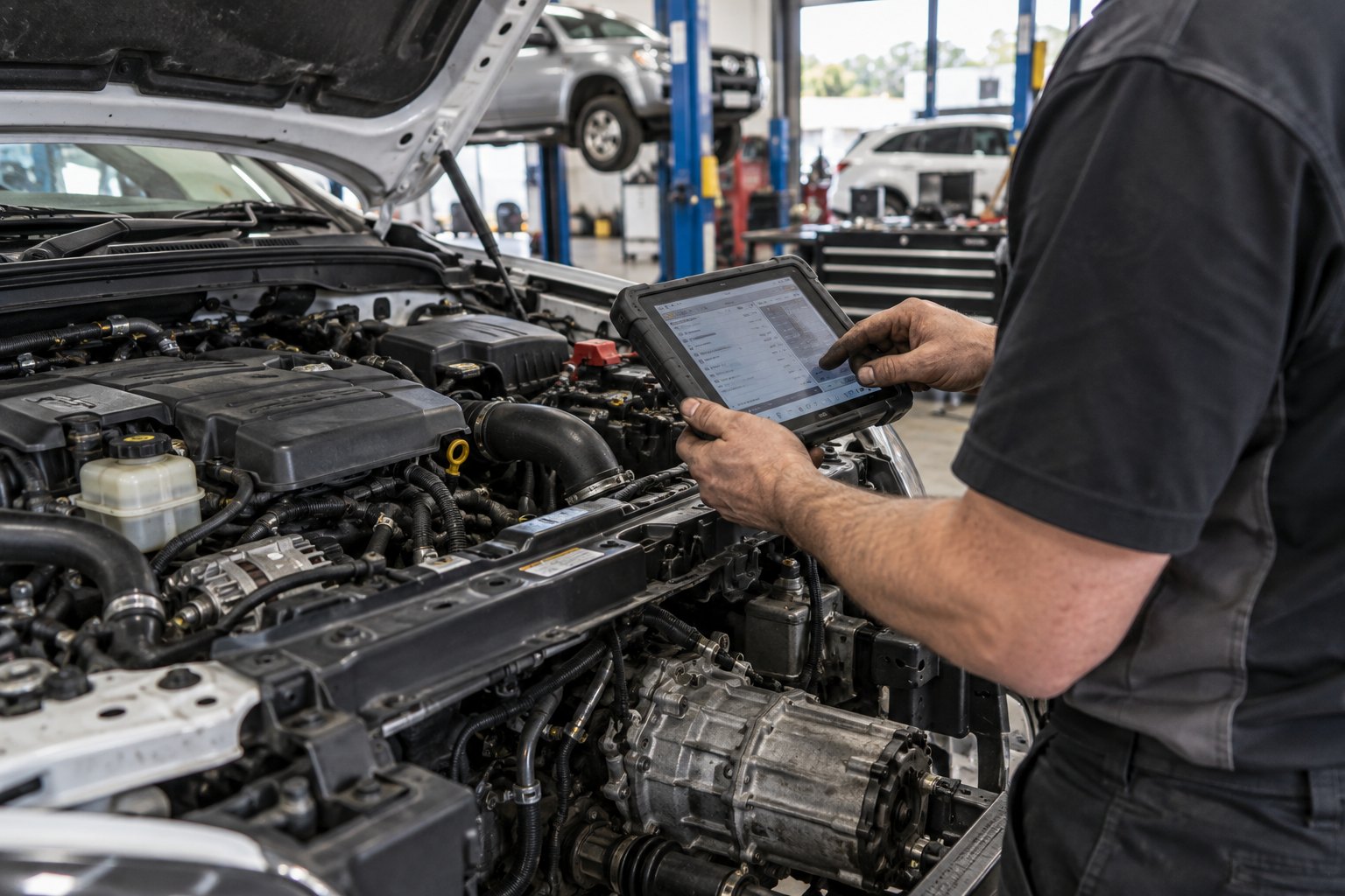 Mechanic inspecting an engine with a diagnostic tablet in a workshop