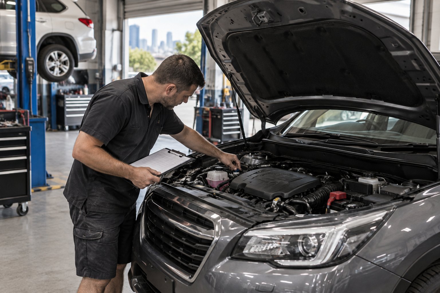 Mechanic inspecting a vehicle with paperwork at a workshop